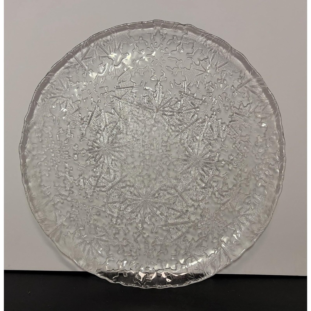 Vintage Holiday Snowflake Pattern 13" Glass Serving Tray/Platter Scalloped Edge